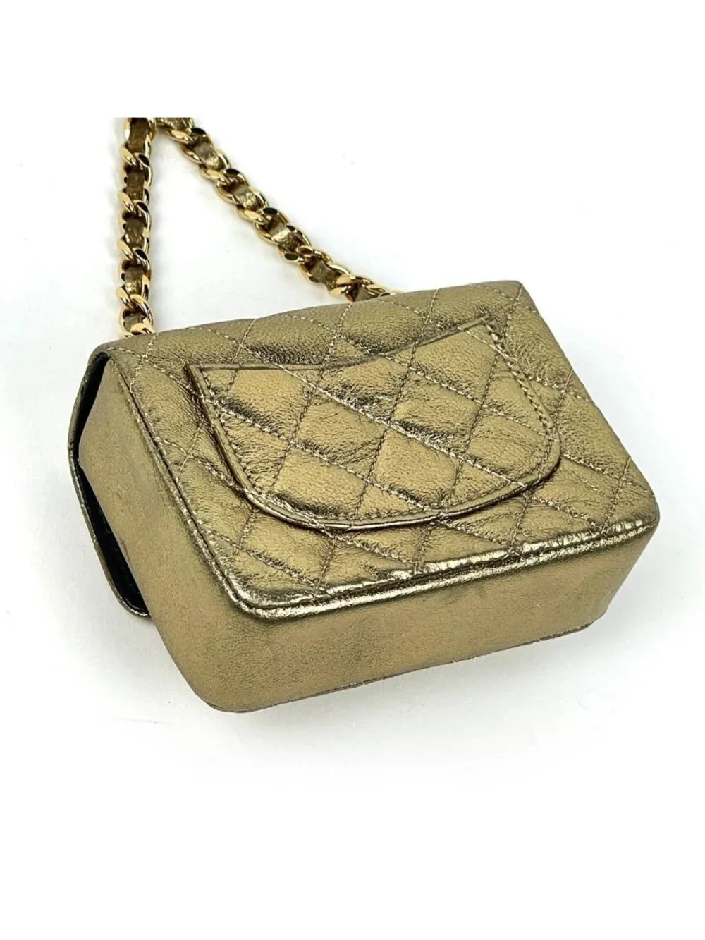 Chanel CC Logo Chain Pouch Mini Quilted Charm Leather Gold